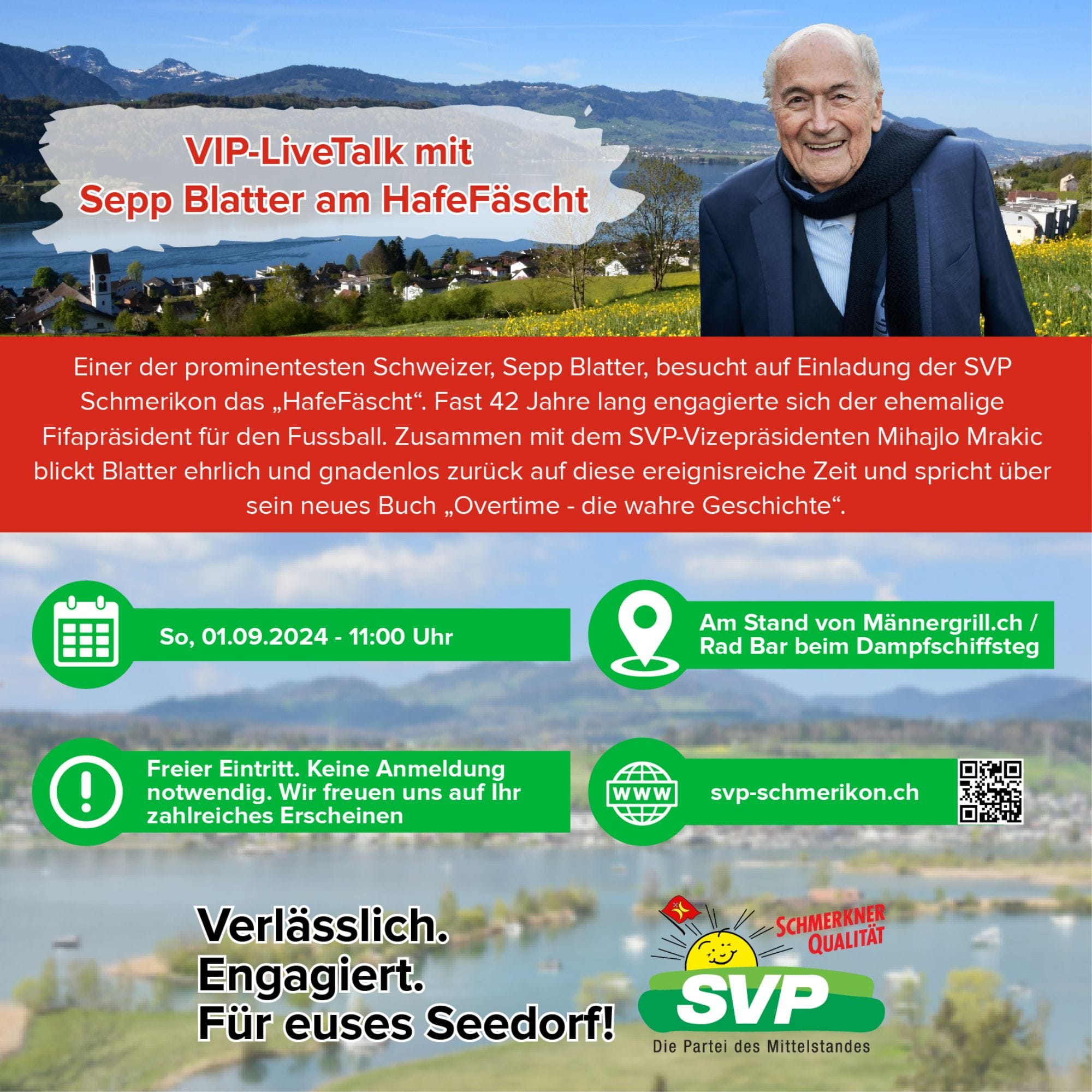 Flyer: Sepp Blatter ist am 1. September 2024 in Schmerikon am HafeFäscht